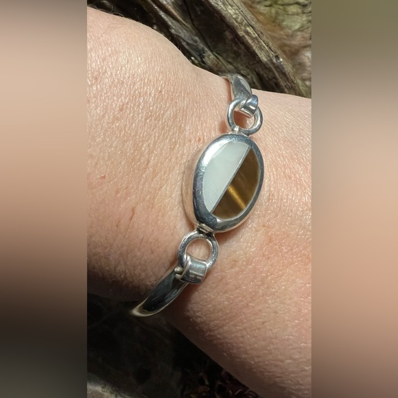 Authentic Mexico 925 signed Bracelet Tiger’s Eye Inlaid & White Stone Quartz - Picture 3 of 7